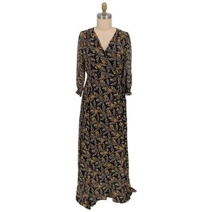 00389 Lulus Floral Wrap Maxi Dress Black Yellow size Large bohemian cottagecore